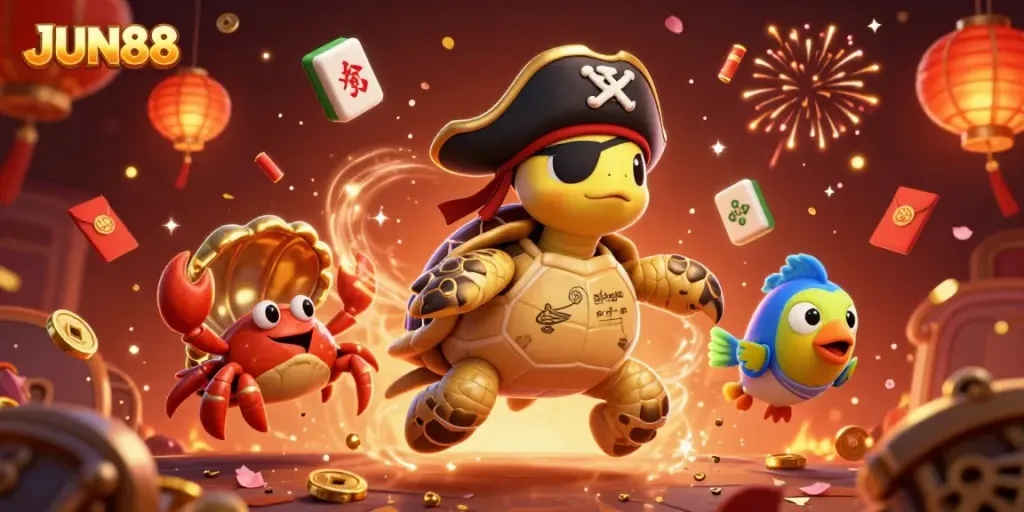 Experience thrilling gameplay at JUN88 with vibrant 3D characters and casino elements like floating mahjong tiles and red envelopes.