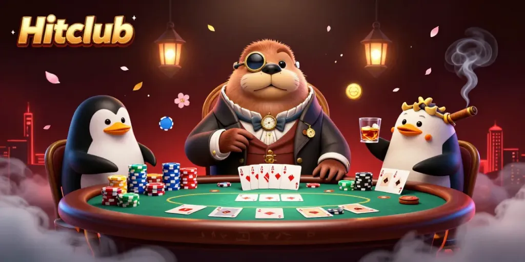 Experience the thrill of Hitclub as a walrus plays poker with a sophisticated dealer.