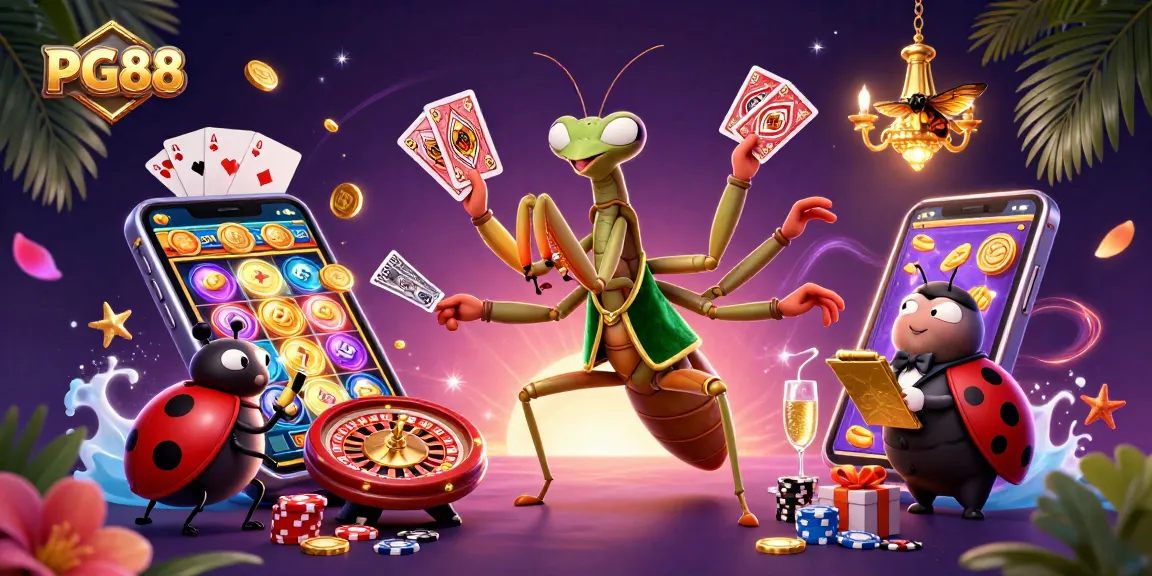 Experience high-stakes thrills with PG88 as the mantis card sharp deals cards amidst a vibrant casino scene.