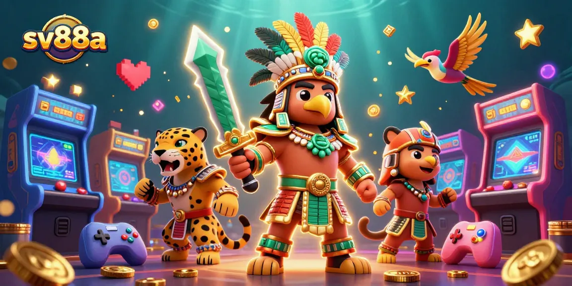 Engage in thrilling gameplay at sv88a, featuring vibrant Aztec warriors amidst arcade-inspired casino elements.
