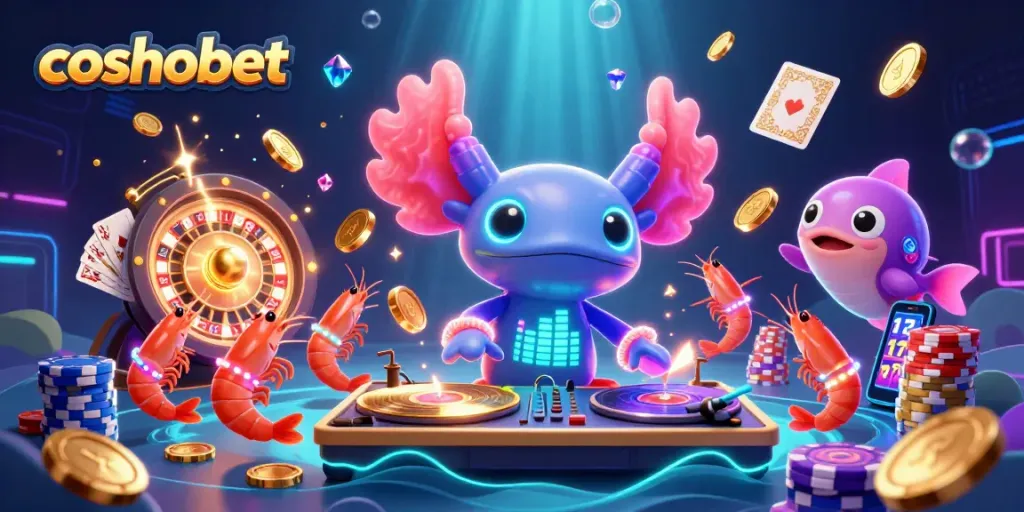 Experience exciting moments at Cosmobet with vibrant 3D casino illustration showcasing gaming elements.