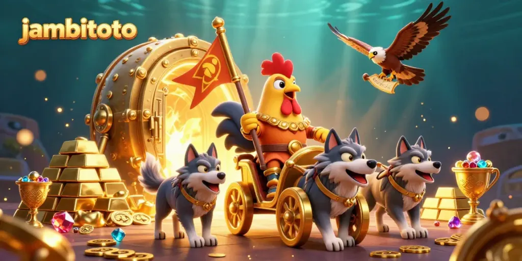 Engage with jambitoto in a vibrant 3D illustration showcasing a rooster warlord and treasure.