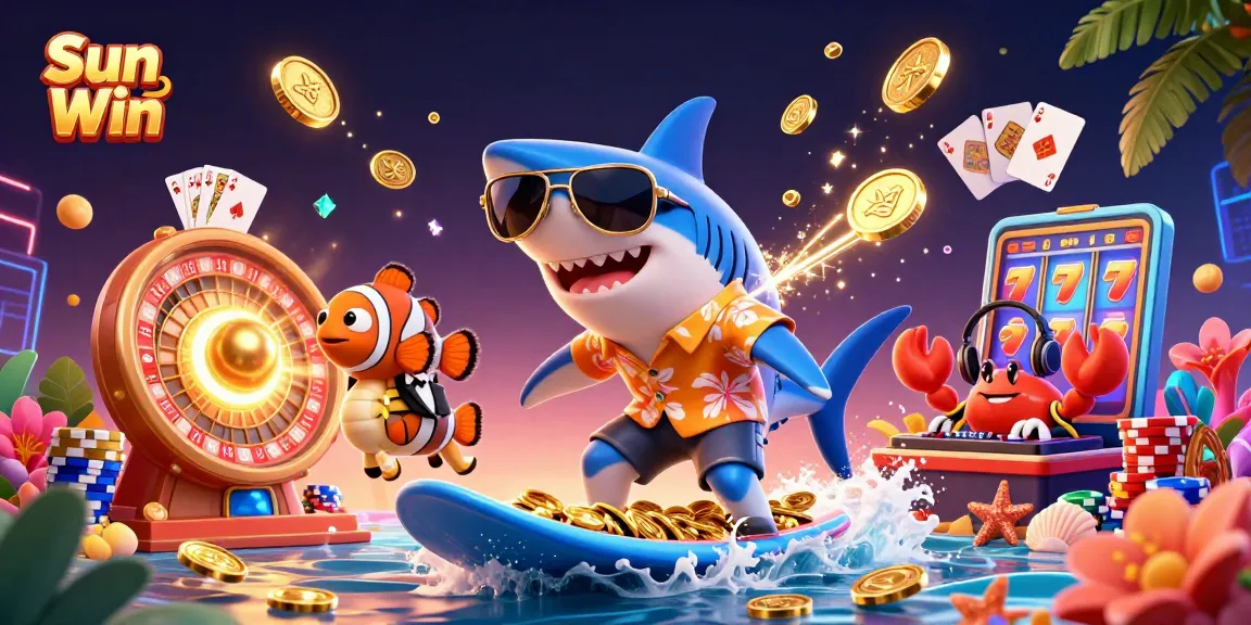 Play thrilling games at Sun Win, featuring a dynamic 3D casino scene with vibrant characters and casino elements.