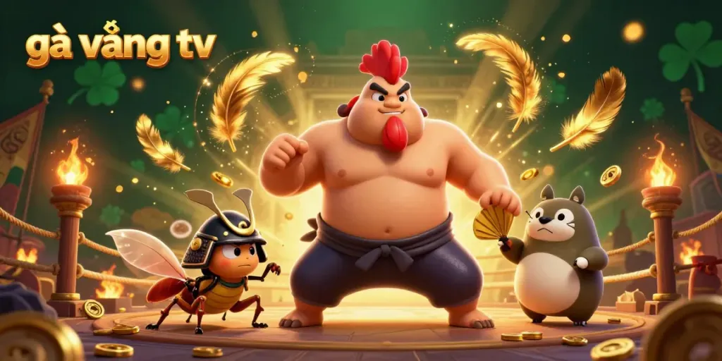 Engage in thrilling action with gà vàng tv, featuring a sumo rooster, fierce cricket, and a tanuki announcer.