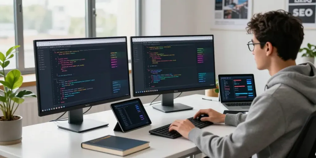 Web developer coding in a modern office focusing on instant indexing features.