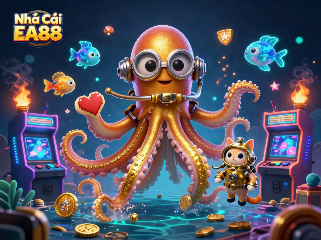 Engage with Nhà Cái EA88's vibrant casino scene featuring a colossal kraken and colorful arcade elements.
