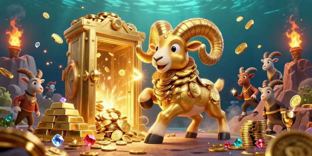 Experience CASINO excitement with a golden ram charging at a treasure vault, surrounded by jewels and gold.