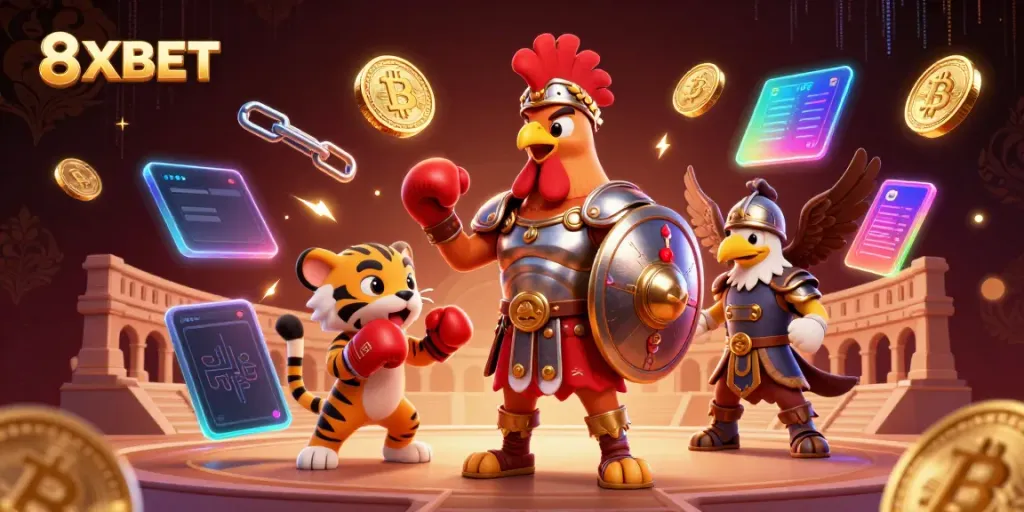 Experience the excitement of 8XBET's dynamic gaming scene filled with crypto elements and action.