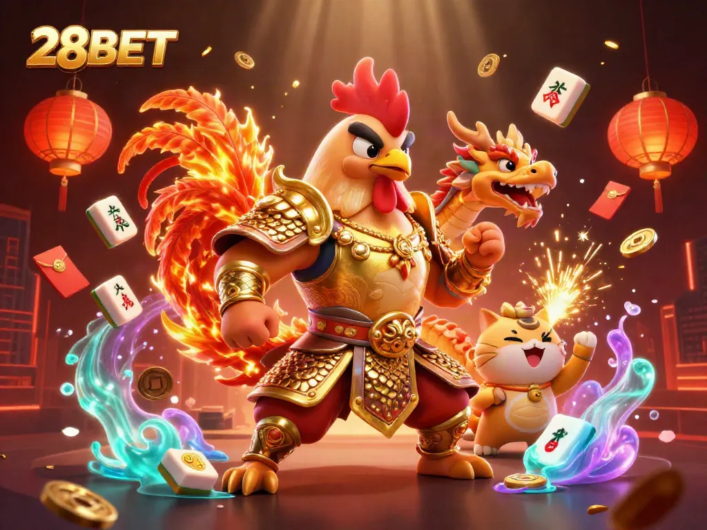 Bet on immersive gaming with 28BET, featuring dynamic characters and festive elements in a vibrant casino atmosphere.