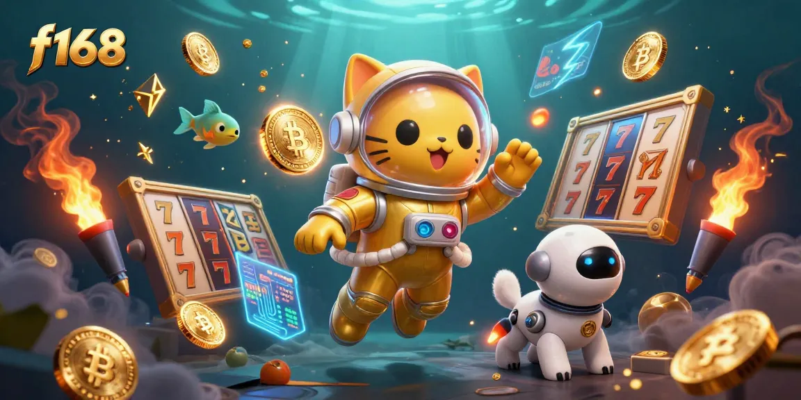 Experience thrilling f168 gaming with an astronaut cat and a robot dog amidst vivid slot elements and cryptocurrency.