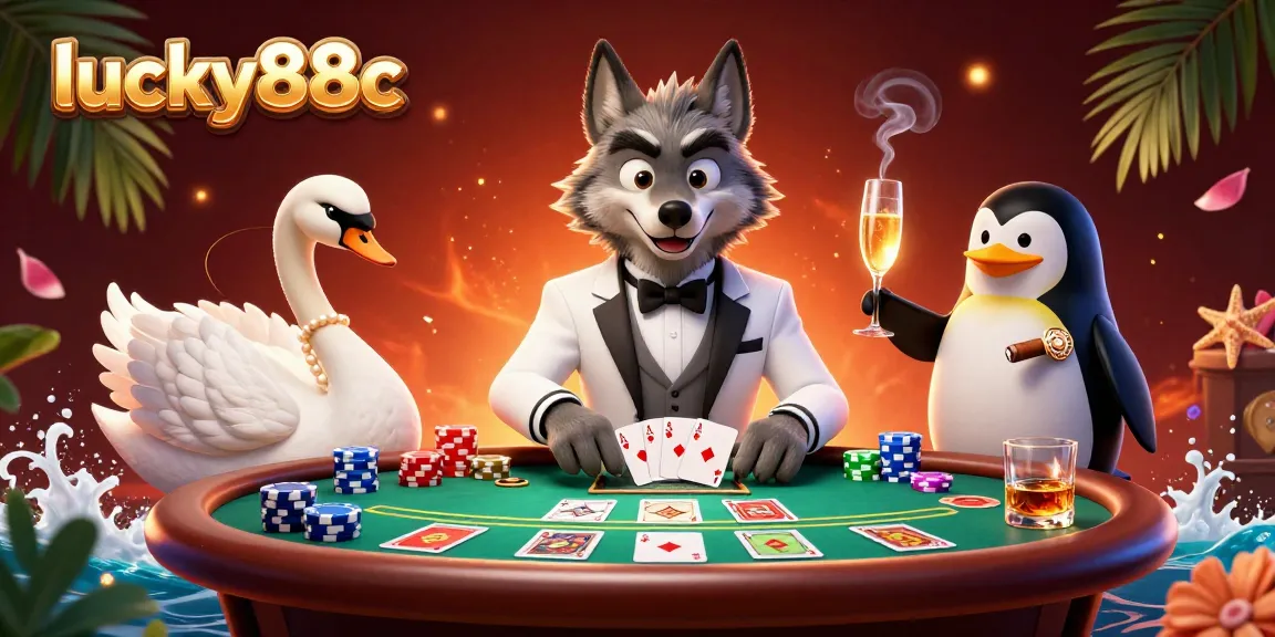 Experience the thrilling ambiance of lucky88c, a captivating casino scene with a debonair wolf and elegantly dressed characters.