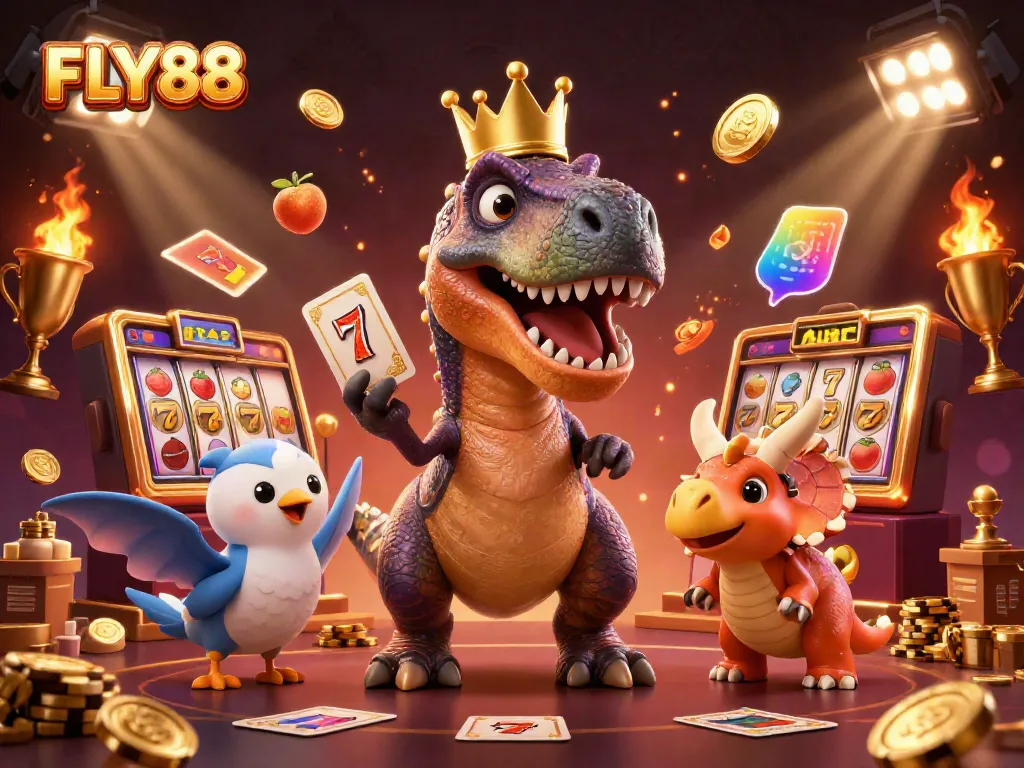 Experience thrilling slots with FLY88 as a cartoon T-Rex and friends showcase fun gaming elements.