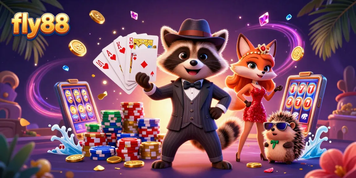 Experience the thrill of fly88 with a charismatic raccoon holding a royal flush and vibrant casino elements.