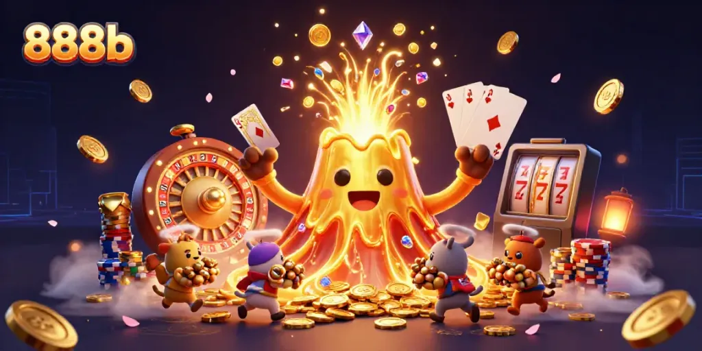 Experience the thrill of 888b with golden treasures and dynamic casino elements in a vibrant scene.