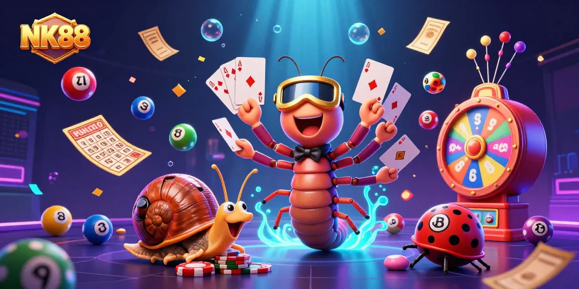 Experience the excitement of NK88 with a lively 3D illustration showcasing dynamic characters in a vibrant gambling scene.