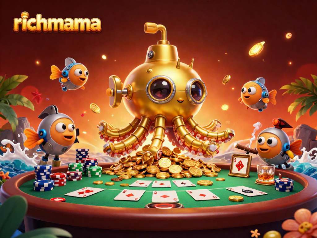 Play exciting casino games at Richmama, surrounded by gold coins and vibrant poker elements.