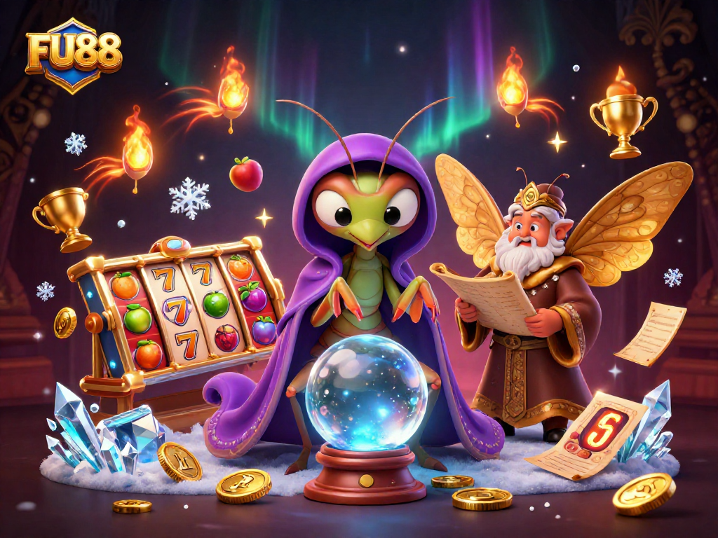 Win big at FU88 with a dynamic 3D illustration of fortune tellers and slot game elements.