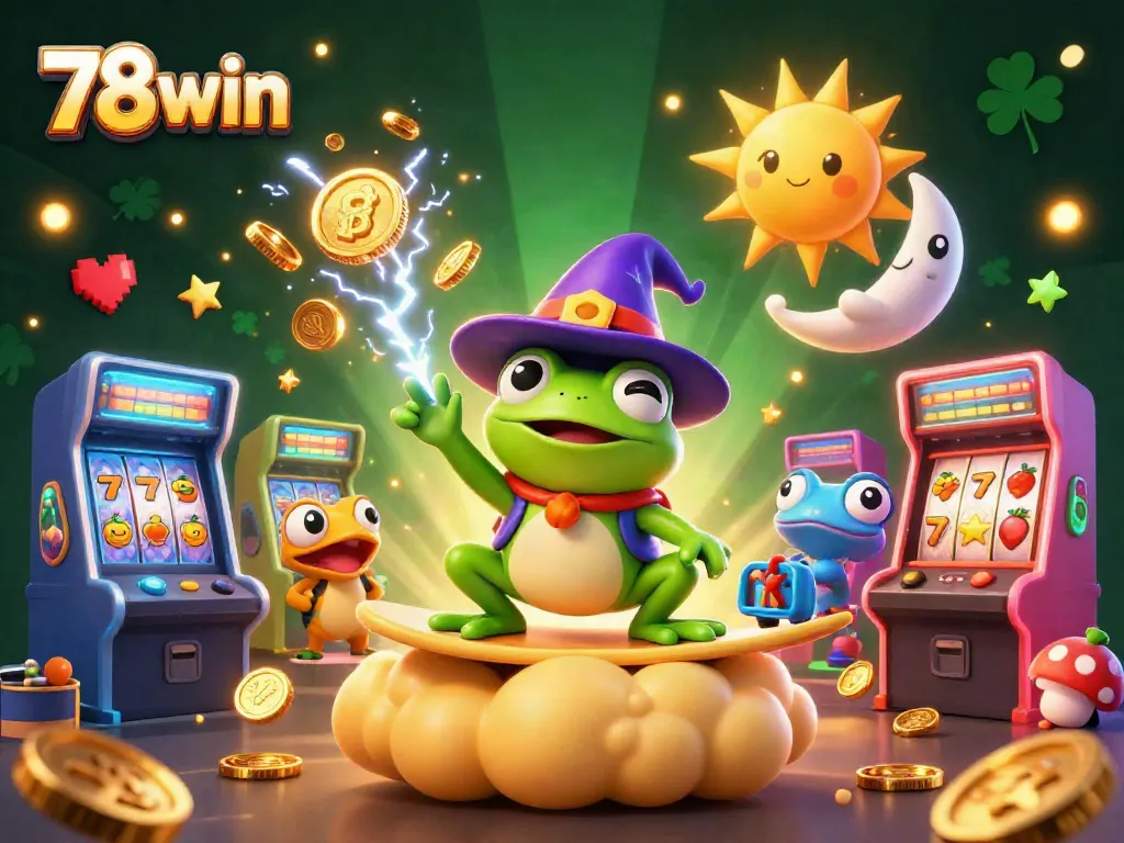 Spin the reels and collect golden coins with 78win's vibrant casino adventure illustration.