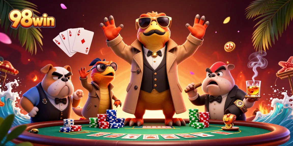 Engage with 98win in a fun-filled casino scene with raptors and poker elements