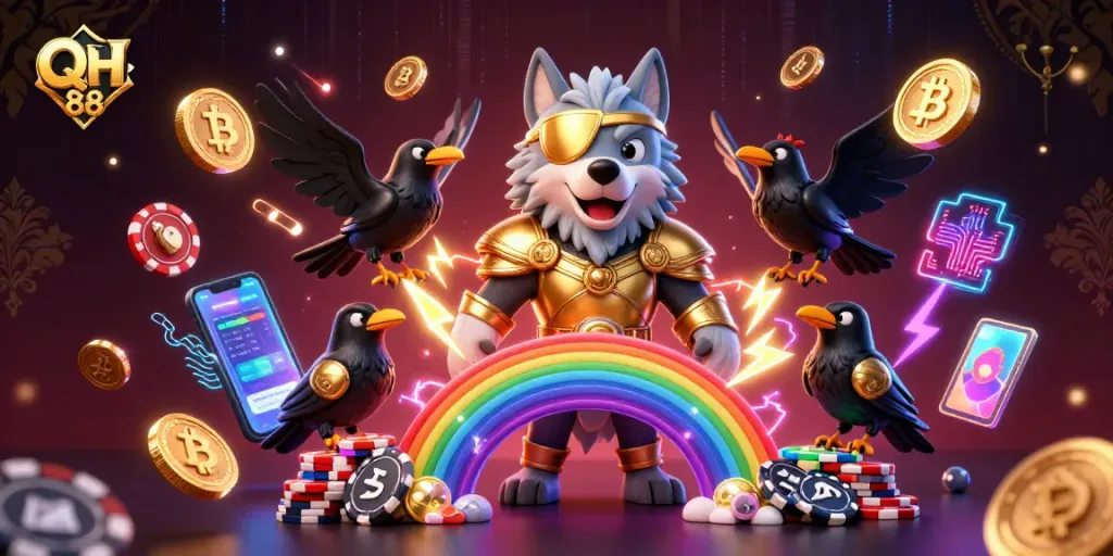 Spin the reels with QH 88's vibrant 3D casino illustration blending Norse mythology and crypto elements.