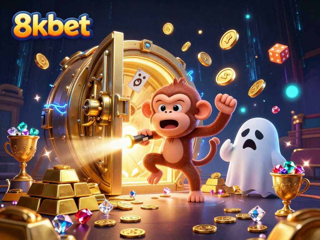 Engage with the animated world of 8kbet as a ghost-hunter puppy tracks a playful poltergeist monkey in a glowing casino.