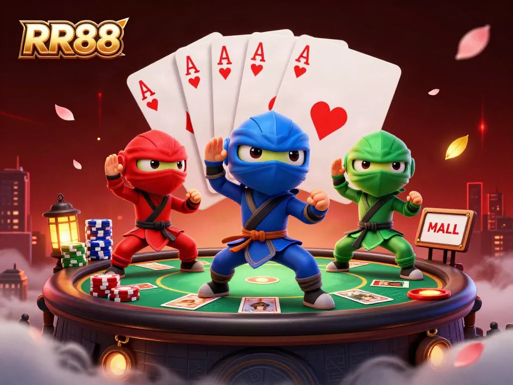 RR88 showcases a colorful chameleon team at a lively poker scene, elevating the gambling experience.