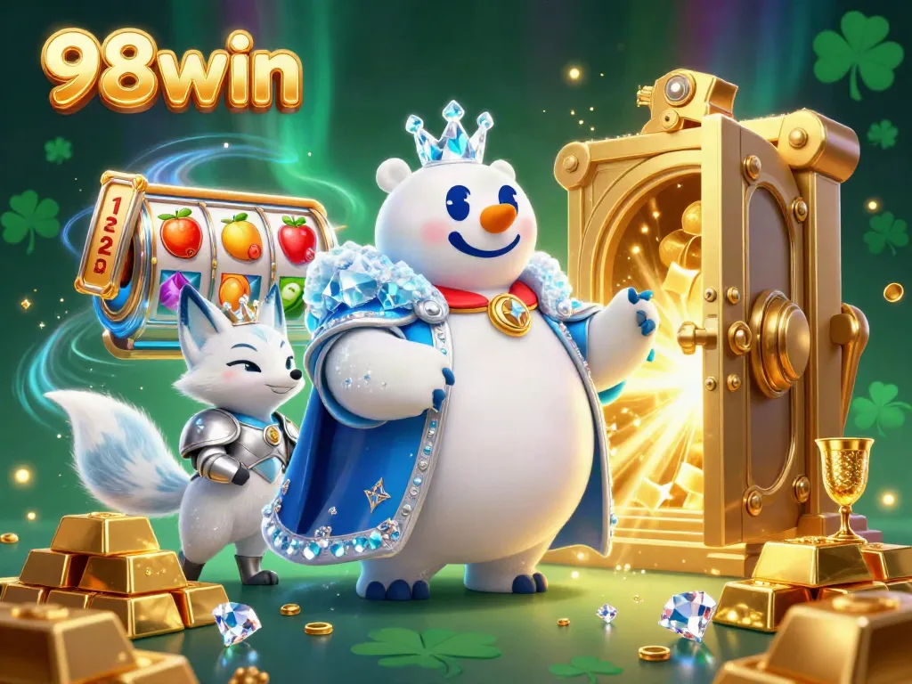 Experience the thrill of 98win's unique games with a vibrant, visually rich casino scene including slot reels and treasure.
