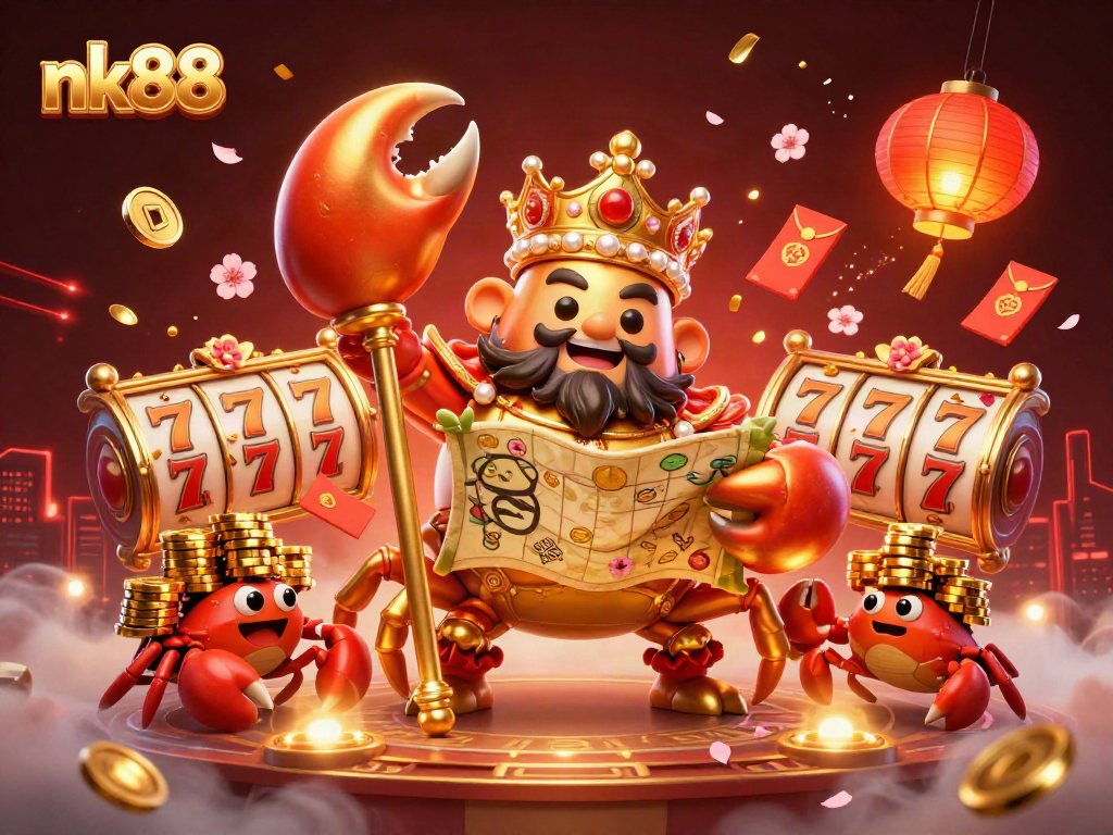 Nk88 casino theme with a massive golden crab emperor, vibrant slot elements, and festive decorations in a rich 3D illustration.