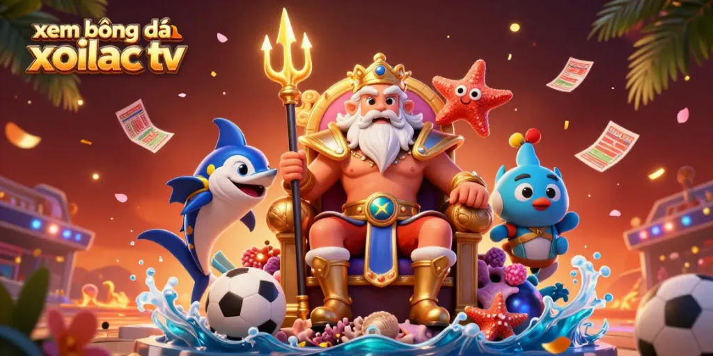 Engage with xem bóng đá xoilac tv in vibrant 3D illustration featuring Neptune, an energetic sports scene.