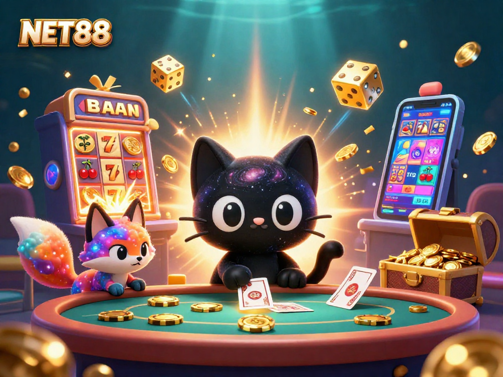 Experience NET88 with a cosmic gambling scene featuring vibrant characters and exciting game elements.