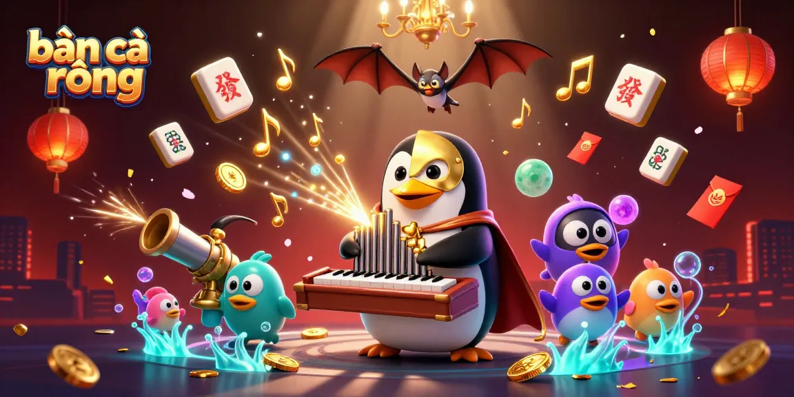 Experience bắn cá rồng action with an epic 3D illustration featuring a penguin organist and vibrant game elements.