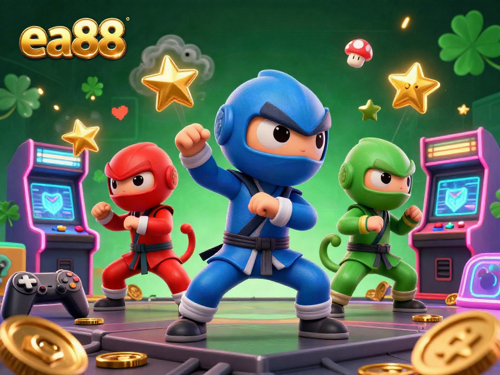 ea88 showcases an energized ninja chameleon team, highlighted with vibrant game elements and casino gold.