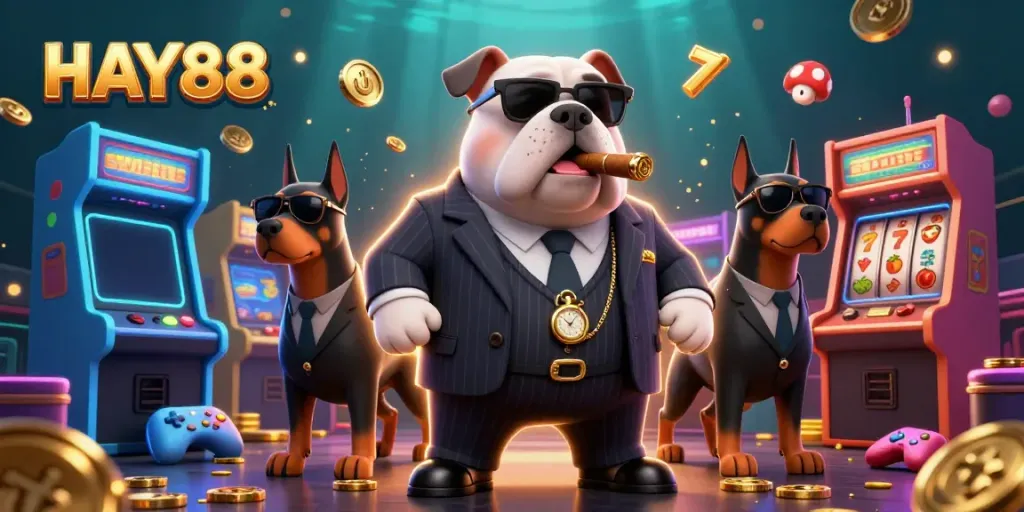 Engage in thrilling gameplay at HAY88 with cartoon mafia characters amidst vibrant casino elements.