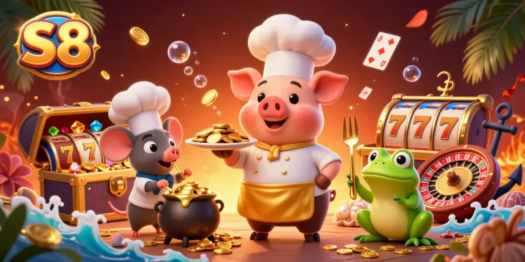 S8 presents a vibrant casino scene featuring a chef pig serving gold coins, emphasizing fun gaming.