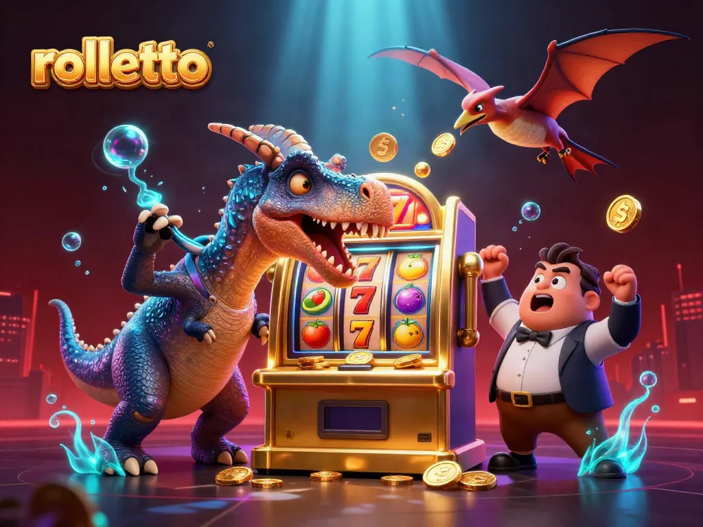 rolletto casino offers a thrilling jackpot experience as a pachycephalosaurus interacts with a slot machine.