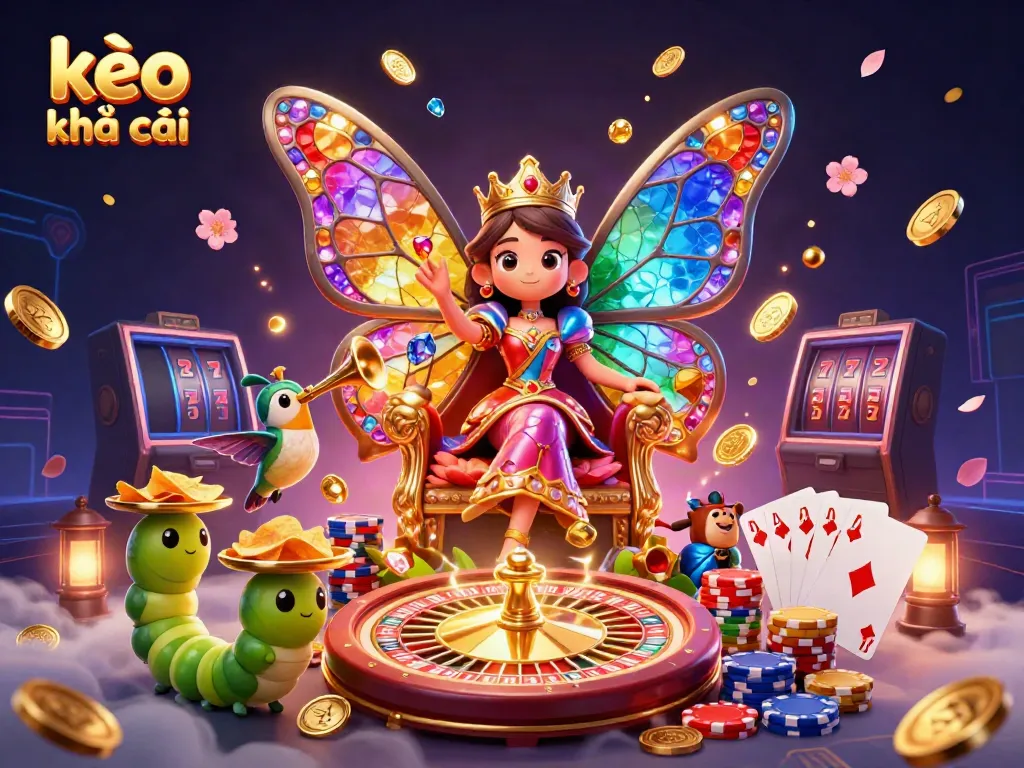 Engaging illustration showcasing kèo nhà cái with a butterfly queen and casino elements, highlighting vibrant gameplay.