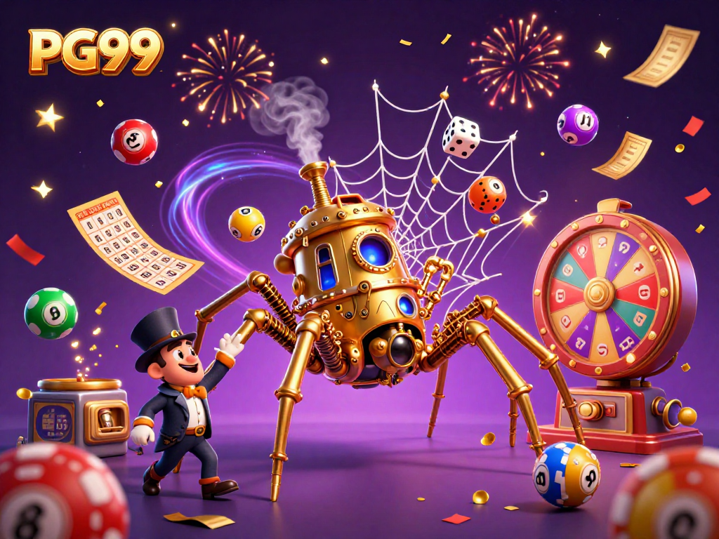 Experience the thrill of PG99 as a golden spider spins winning lottery web in a vibrant casino setting.