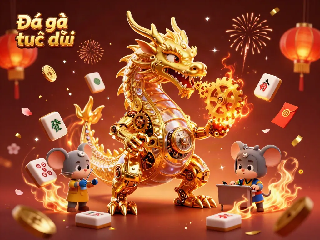 Experience Đá gà trực tiếp with a biomechanical dragon and vibrant casino elements in this dynamic illustration.
