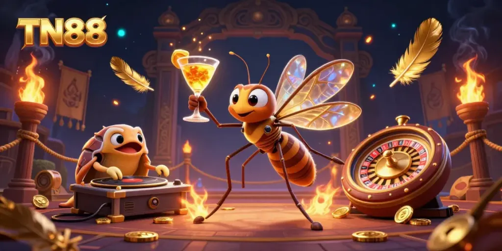 Engage with TN88's vibrant casino scene featuring animated characters and rich gaming elements.
