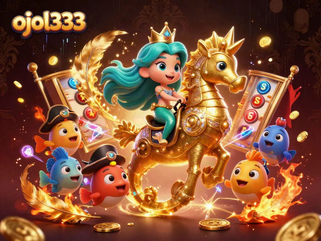 Play and win with ojol333 in a vibrant casino-themed 3D illustration with mermaids and seahorses.