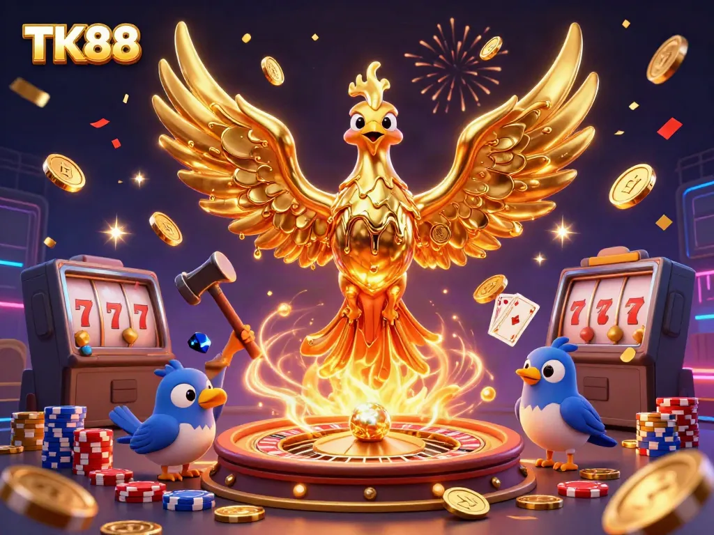 Experience thrilling gameplay with the captivating TK88 golden phoenix and vibrant casino elements.