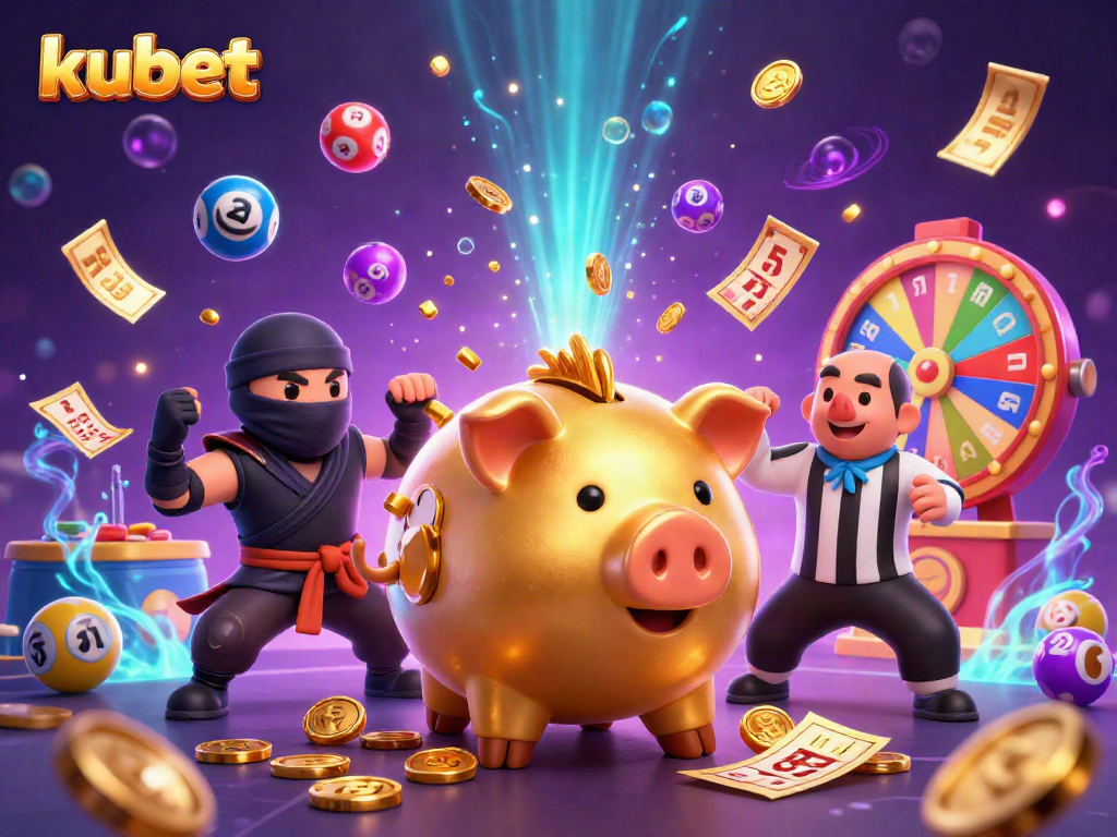 Kubet platform showcases an energetic 3D scene with vibrant casino elements, featuring a piggy bank wrestler, a ninja, and a referee.