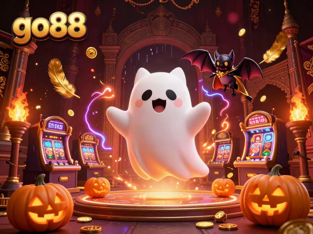 Play exciting games at the go88 casino, featuring a mystic cat ghost, bat companion, and glowing pumpkins.