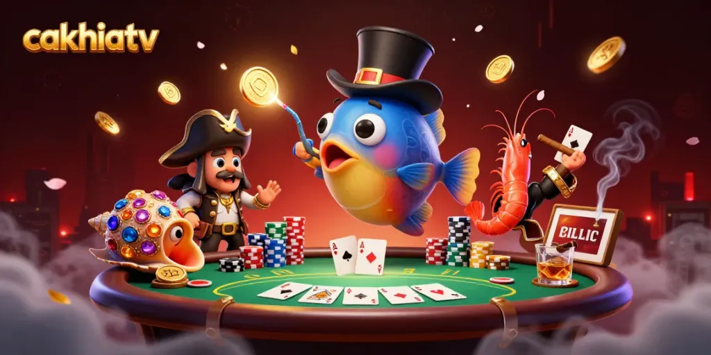 Cakhiatv showcases 3D cartoon anglerfish attracting coins at a casino-themed table.
