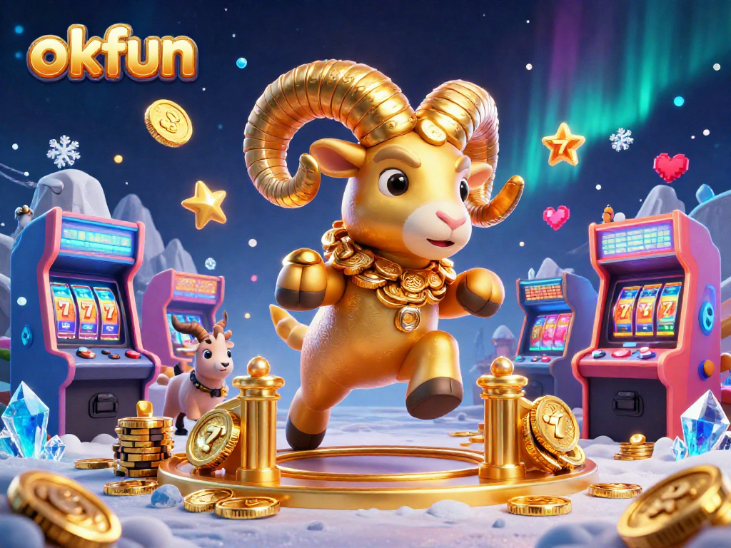 okfun's captivating 3D illustration showcases an epic casino adventure with vibrant games, slot reels, and a golden ram charging through