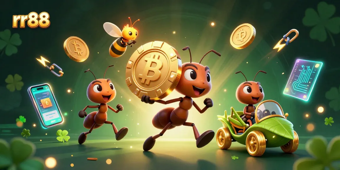 Engage with rr88's thrilling casino experience while ants carry a giant poker chip and crypto elements surround them.