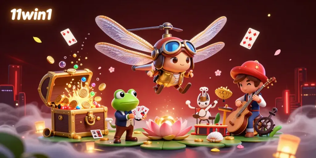 Experience thrilling gameplay at 11win1 with a vibrant dragonfly pilot and frog croupier in a lively casino scene.