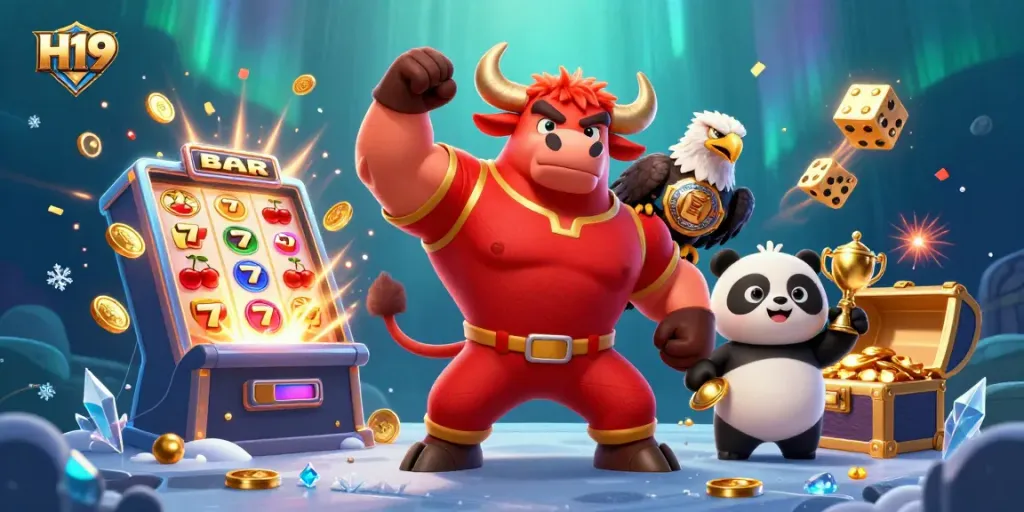 Spin the H19 slot while celebrating with trophies and victory in a dynamic casino scene