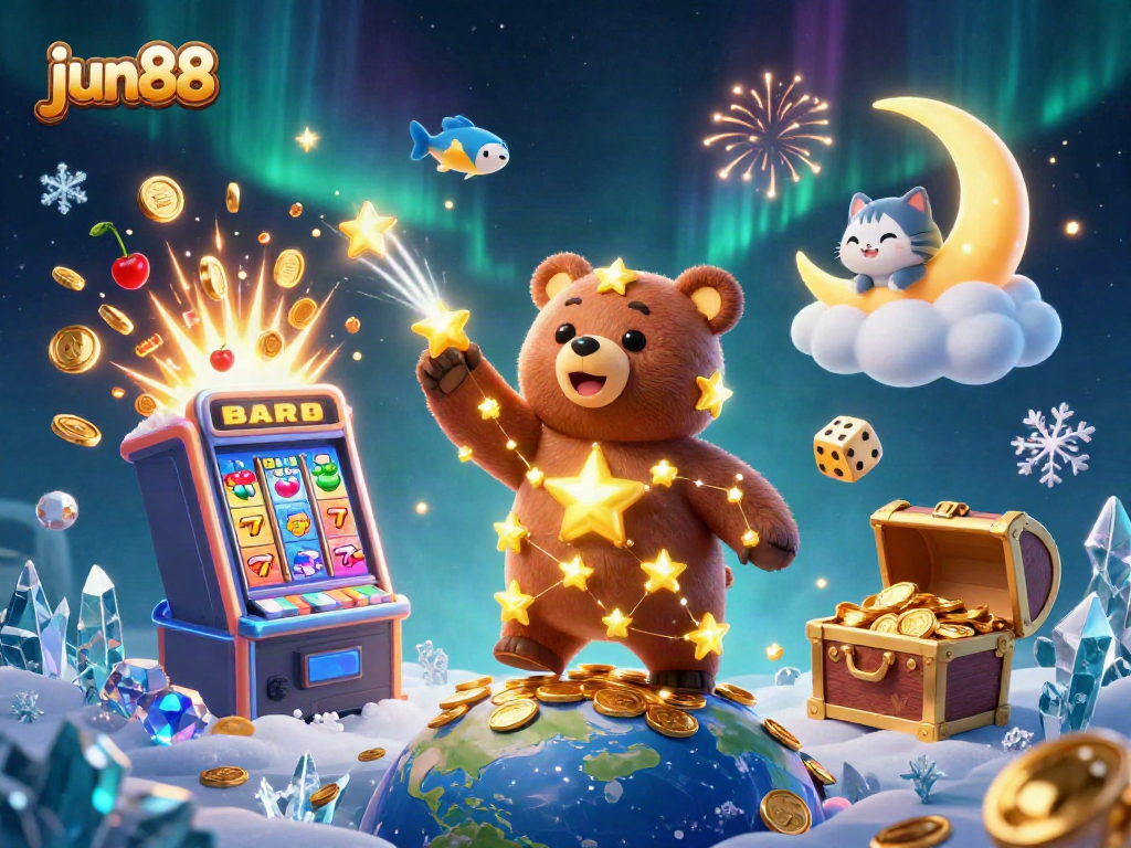 jun88 showcases a constellation bear collecting coins beneath a vibrant casino scene.