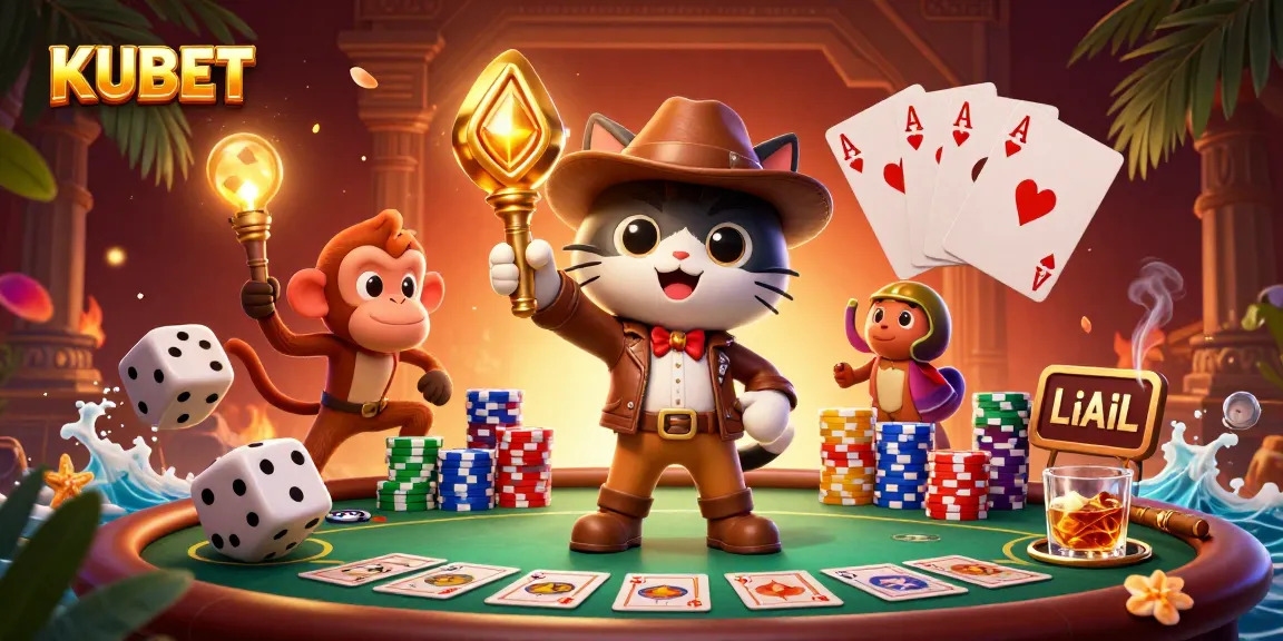 KUBET showcases a lively scene where a cat archaeologist discovers casino artifacts surrounded by poker elements.